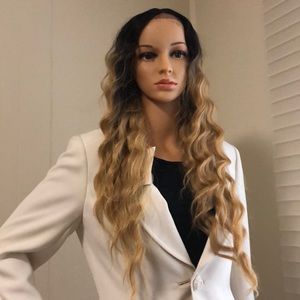 NWT 26” Coily mix ombré lace black honey crinkle coily long mini lace T part wig